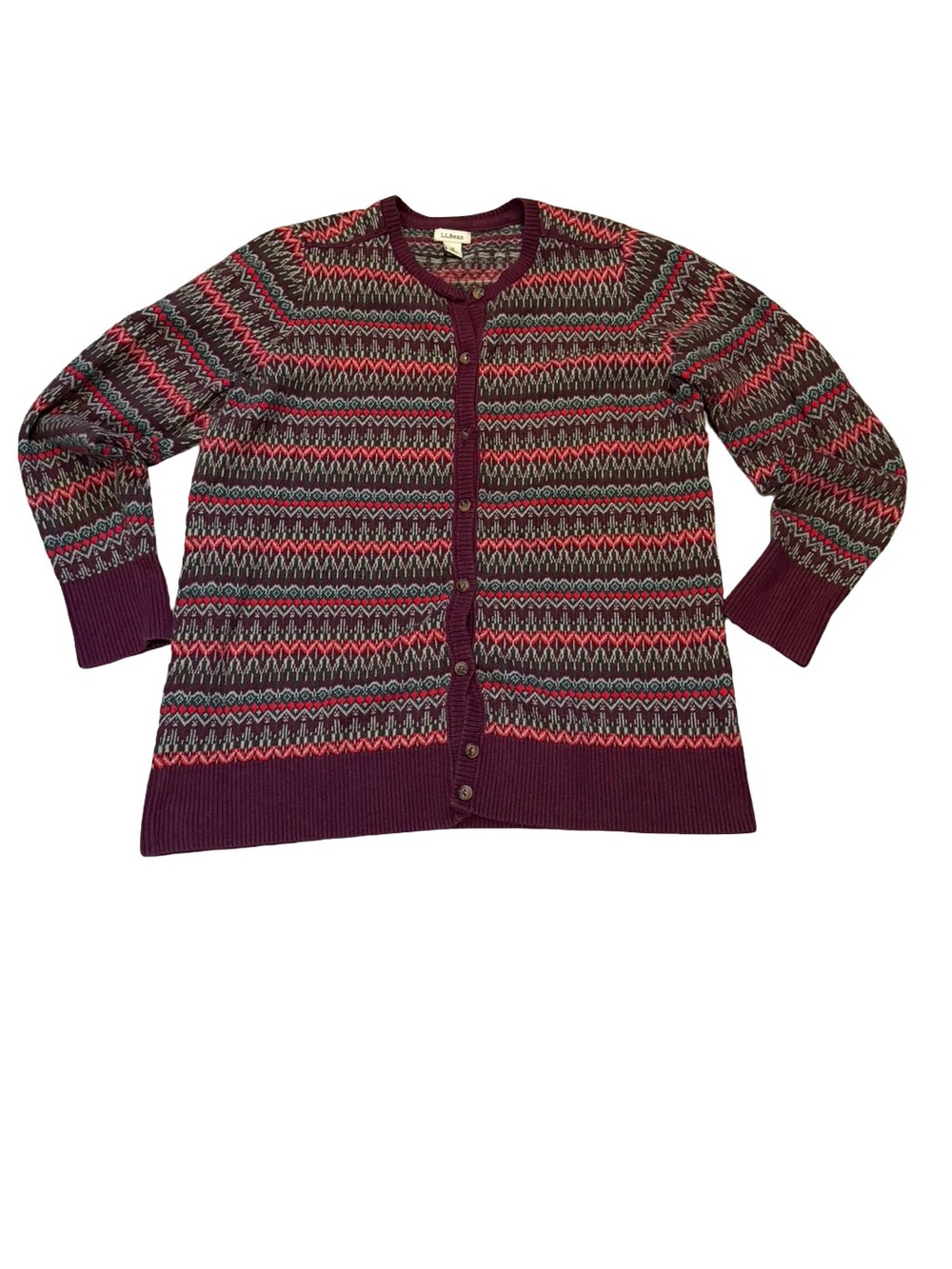 Vintage L.L. Bean Burgundy Fair Isle Button-Front Cardigan